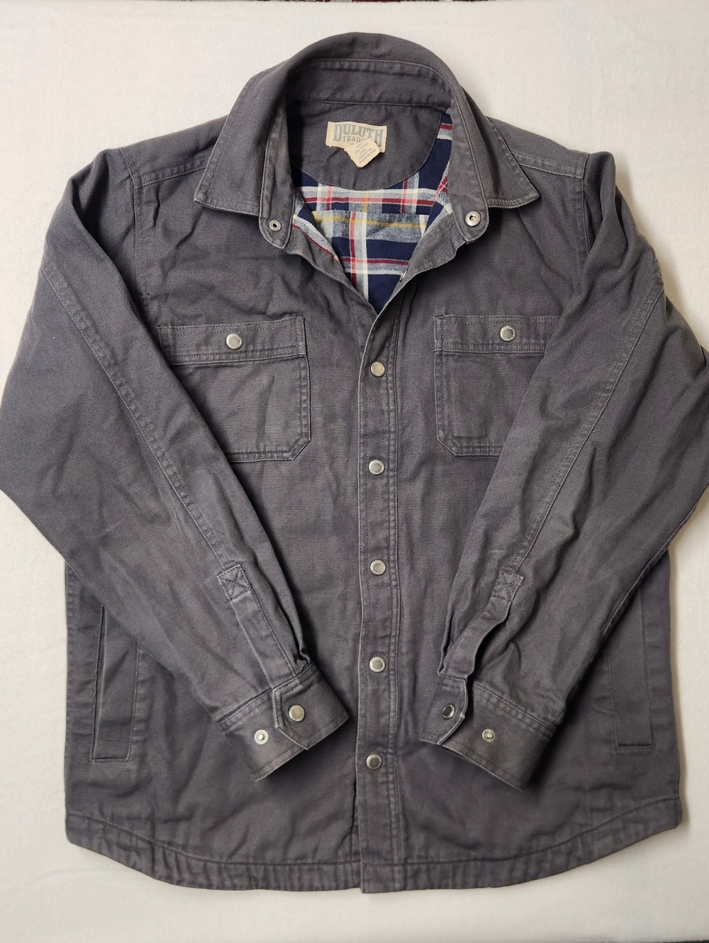 Duluth Trading Co Charcoal Canvas Shacket Flannel Lined Workwear Gorpcore M